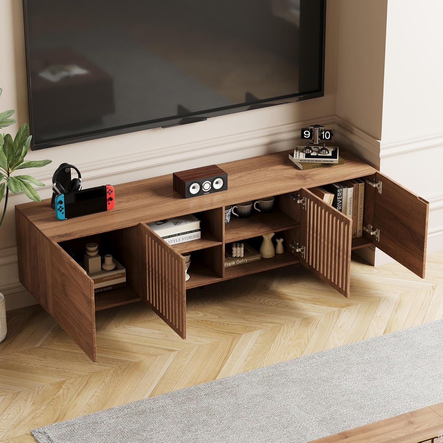 Mid Century Modern TV Stand for 70 Inch TVs, 70.87" Walnut Console with Ample Storage – Stylish