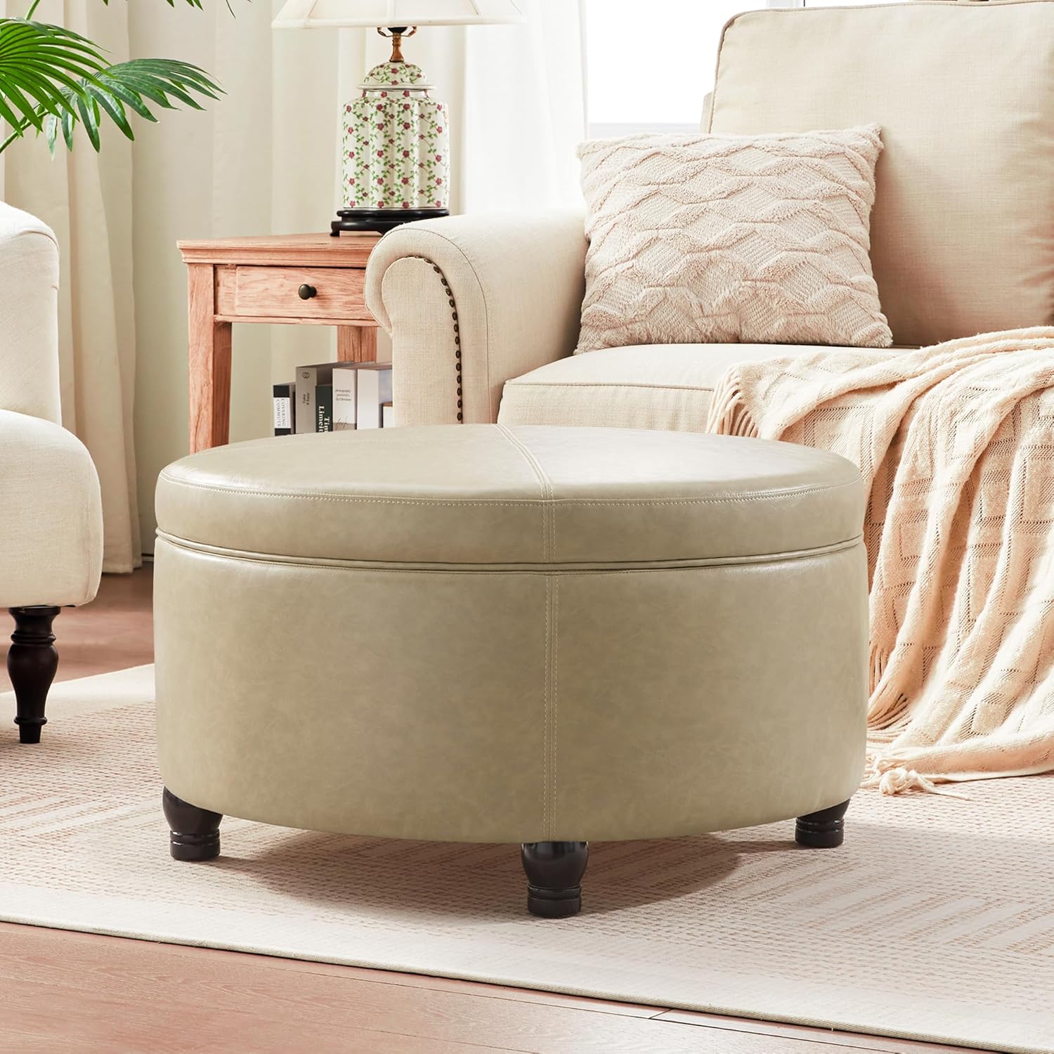 30-Inch Round Storage Ottoman, Modern Ottoman Coffee Table with Removable Top for Living Room