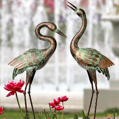 Shorayn Garden Crane Statues, Blue Heron Sculptures for Outdoor, Cranes Decor Metal Bird, Patina