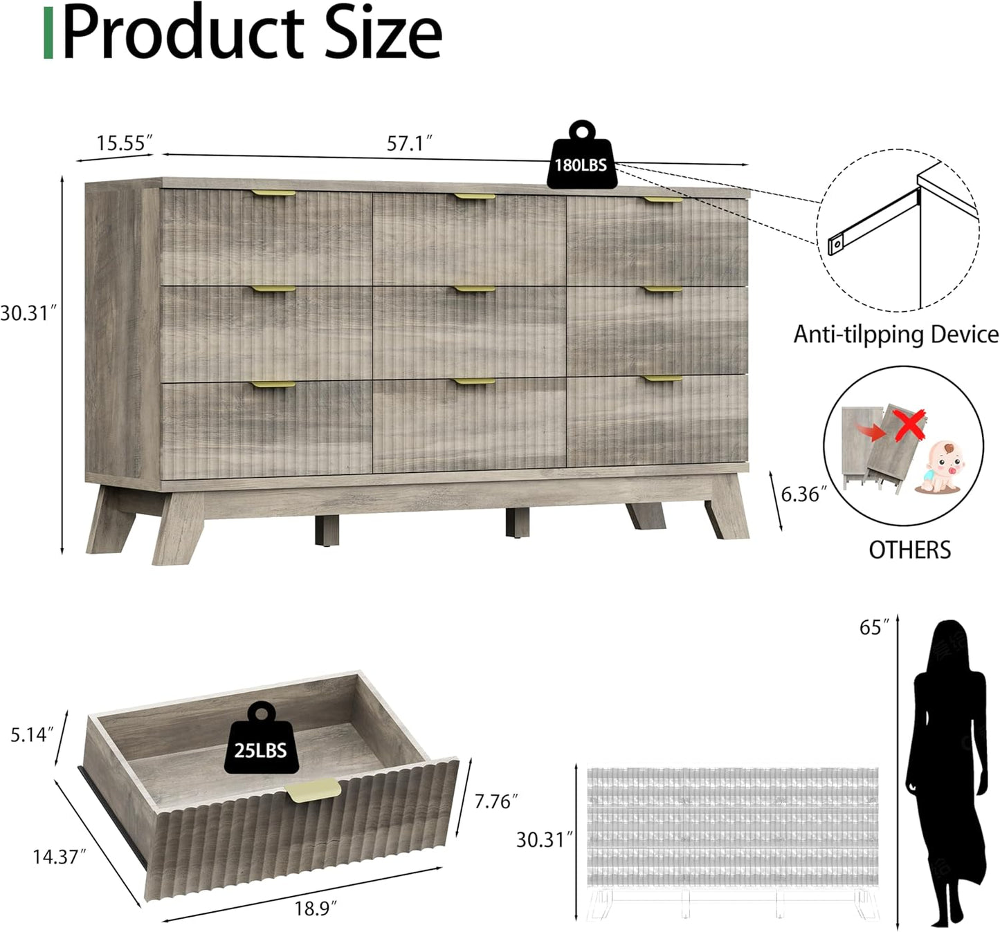 Fluted Dresser for Bedroom with 9 Drawers, 57" Wide Modern Chest of Drawers with Metal Handle