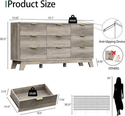 Fluted Dresser for Bedroom with 9 Drawers, 57" Wide Modern Chest of Drawers with Metal Handle