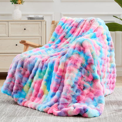 NEWCOSPLAY Faux Fur Throw Blanket Dark Rainbow Luxury Fluffy Thick Warm Bubble Blanket for Couch