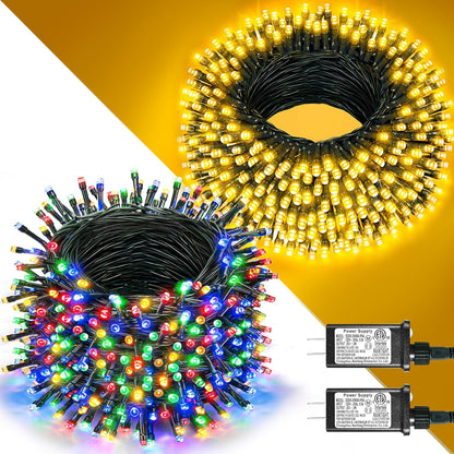 2 Pack Christmas Lights Outdoor, Total 200FT 600LED Christmas String Lights Waterproof, Green Wire
