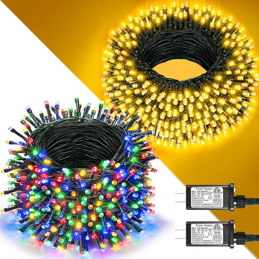 2 Pack Christmas Lights Outdoor, Total 200FT 600LED Christmas String Lights Waterproof, Green Wire
