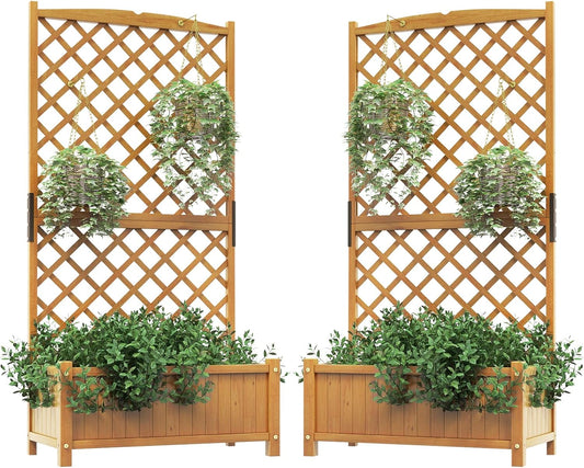 HAPPYGRILL 2 Pcs Raised Garden Bed, 71" Garden Planter with Trellis, Drainage Holes, Freestanding