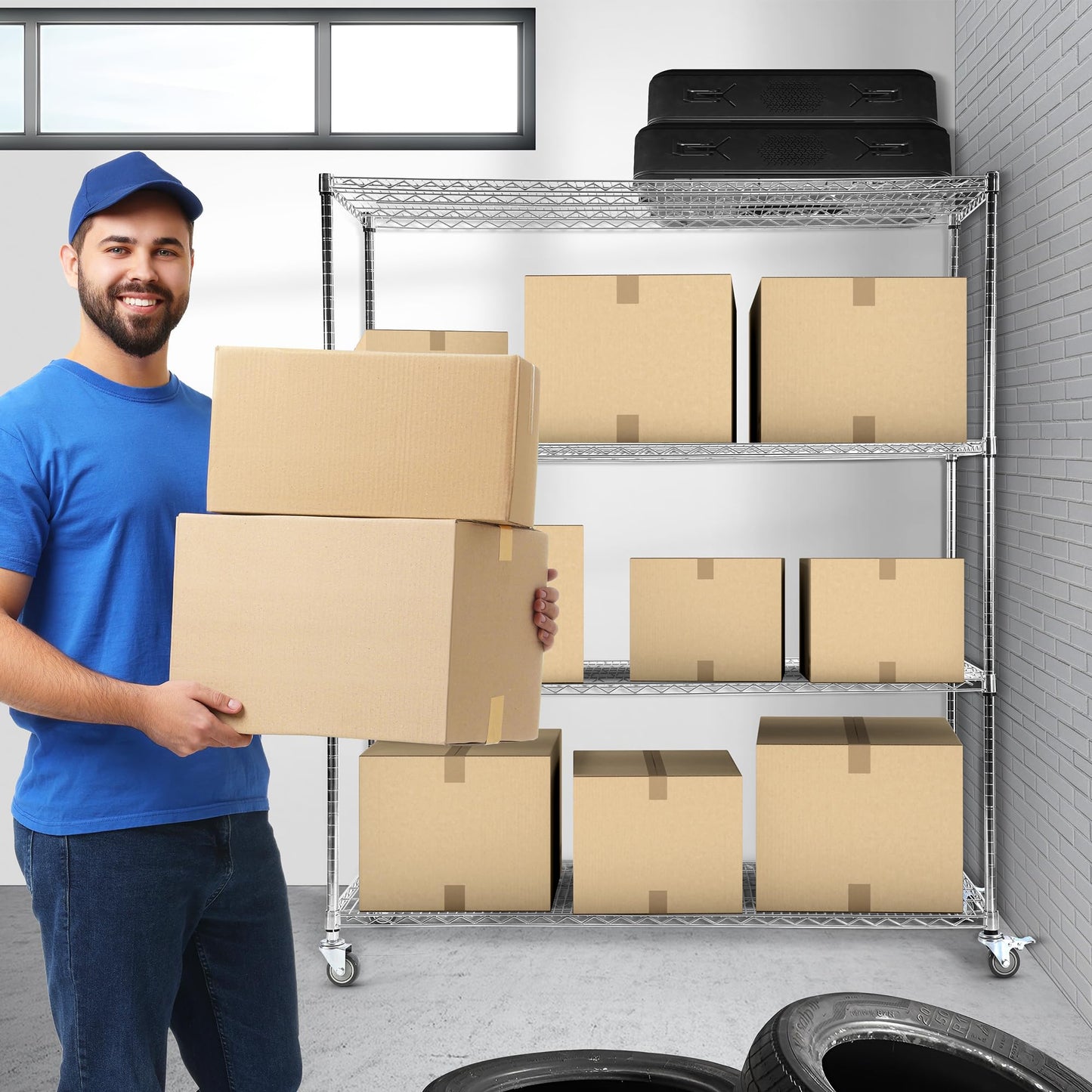 Rengue 60" W Storage Shelves with Wheels 4-Tier Heavy Duty Wire Shelving 72" H x 24" D Large Metal