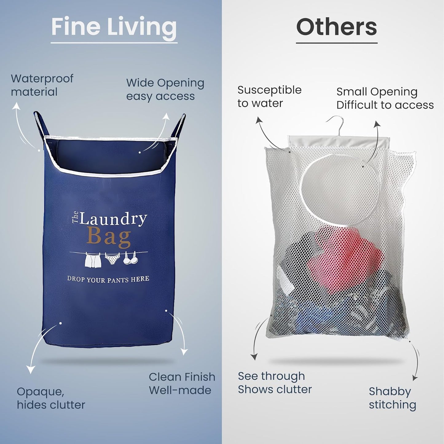 Fine Living Co. Large Hanging Laundry Hamper with Over Door Hooks & Adhesive, Durable Space Saving