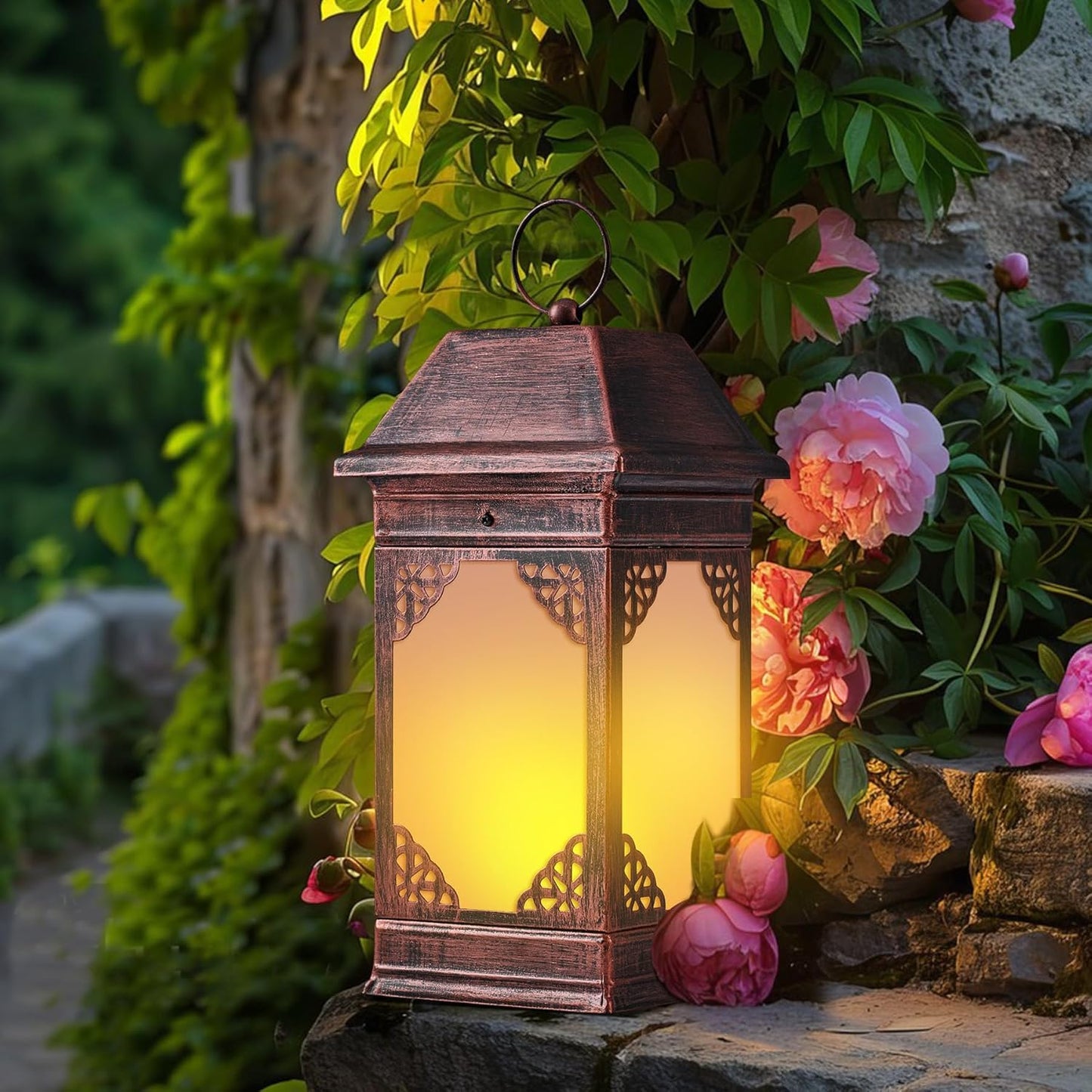 14" Solar Lanterns Outdoor Waterproof, Glass Flickering Flame Solar Lantern, Hanging Metal Lantern