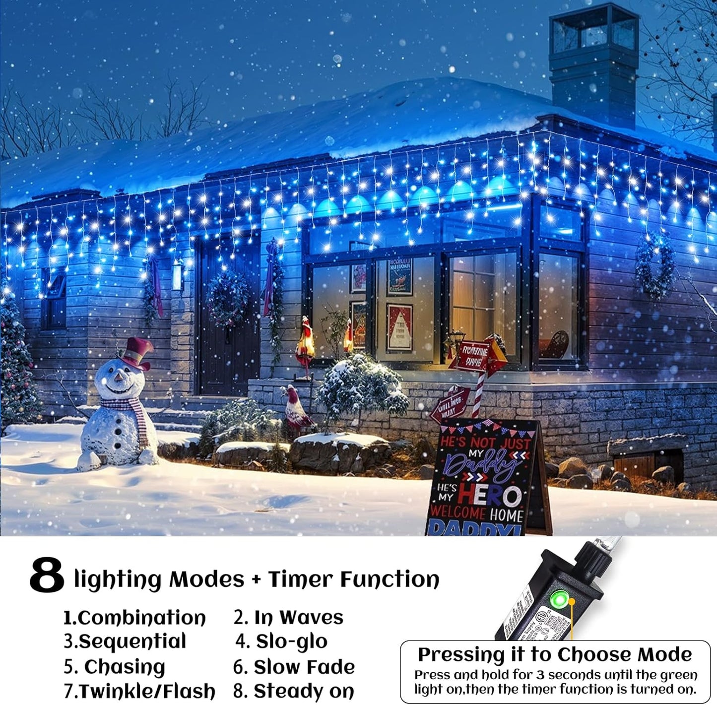 66ft Icicle Lights for Outside, Blue and White Christmas Lights Outdoor Indoor, 640 LED Twinkle