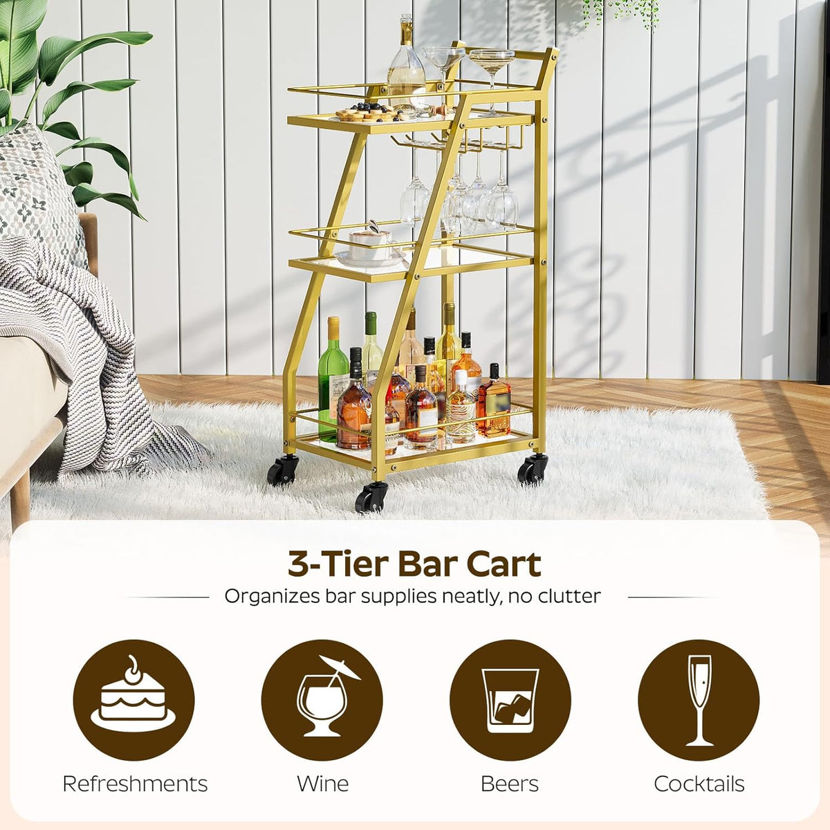 Bar Cart, 3-Tier Bar Cart for The Home, Home Bar Serving Cart with Glass Holders, Beverage Cart for