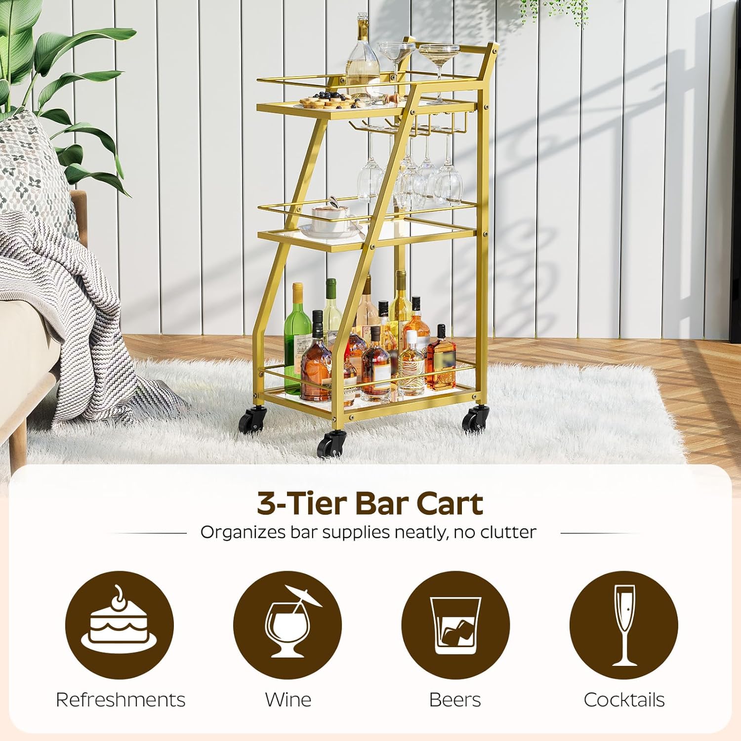 Bar Cart, 3-Tier Bar Cart for The Home, Home Bar Serving Cart with Glass Holders, Beverage Cart for