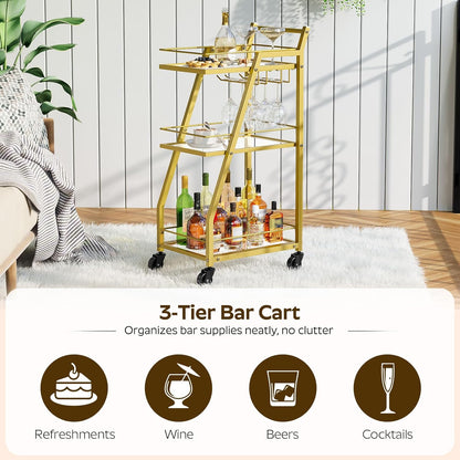 Bar Cart, 3-Tier Bar Cart for The Home, Home Bar Serving Cart with Glass Holders, Beverage Cart for