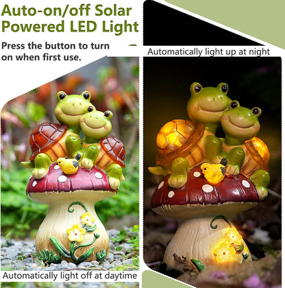 Solar Light Turtle Garden Statue, Turtle on Mushroom Figurine, Lovely Tortoise Garden Statue with 5
