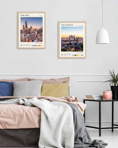 HesenDot Natural OAK Wood Chicago Cityscape Framed Wall Art,12x16in City Skyline Canvas Wall