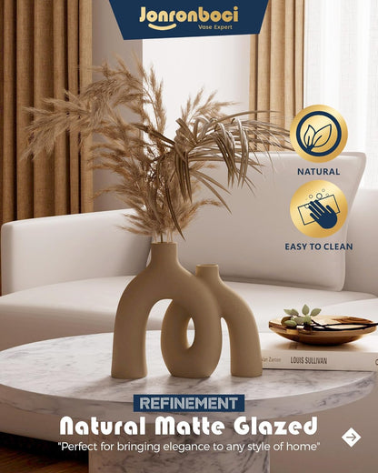 Hug Donut Decorative Vase Set - Tan Modern Rustic Farmhouse Style Vases Home Decor,Matte Ceramic