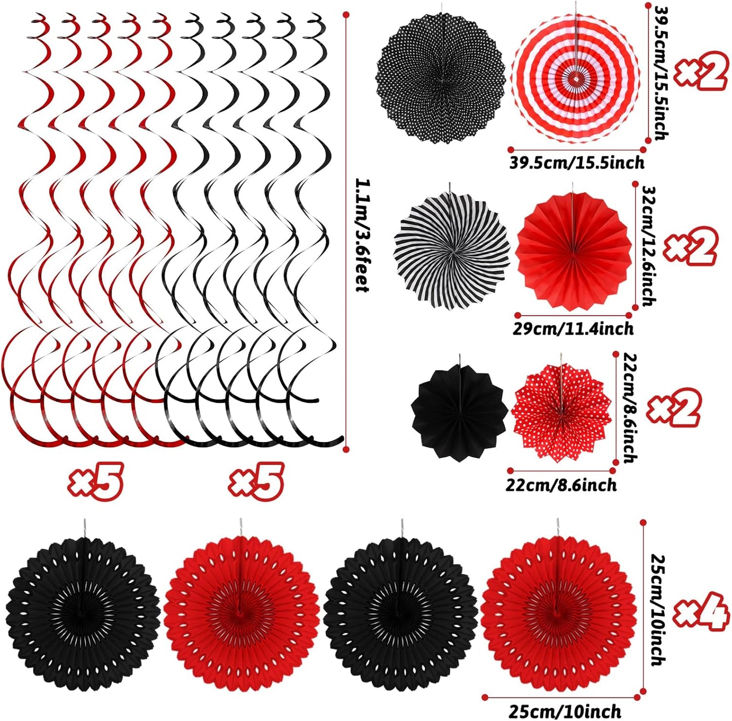 Black Red Party Decorations, Easy Assembly Paper Fan Honeycomb Ball Garland Hanging Swirl
