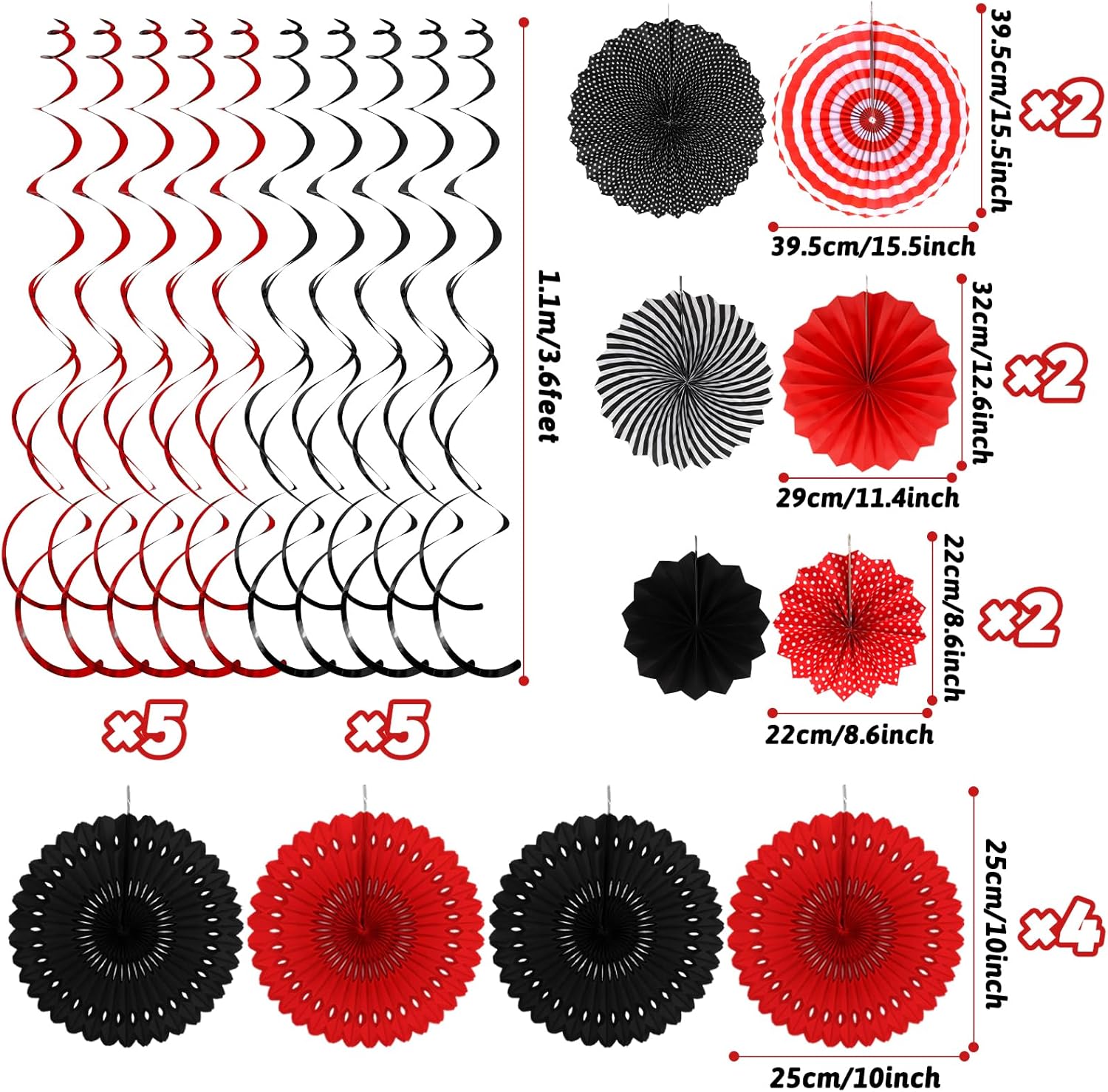 Black Red Party Decorations, Easy Assembly Paper Fan Honeycomb Ball Garland Hanging Swirl