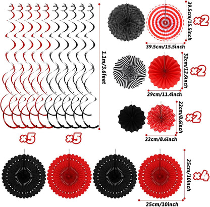 Black Red Party Decorations, Easy Assembly Paper Fan Honeycomb Ball Garland Hanging Swirl