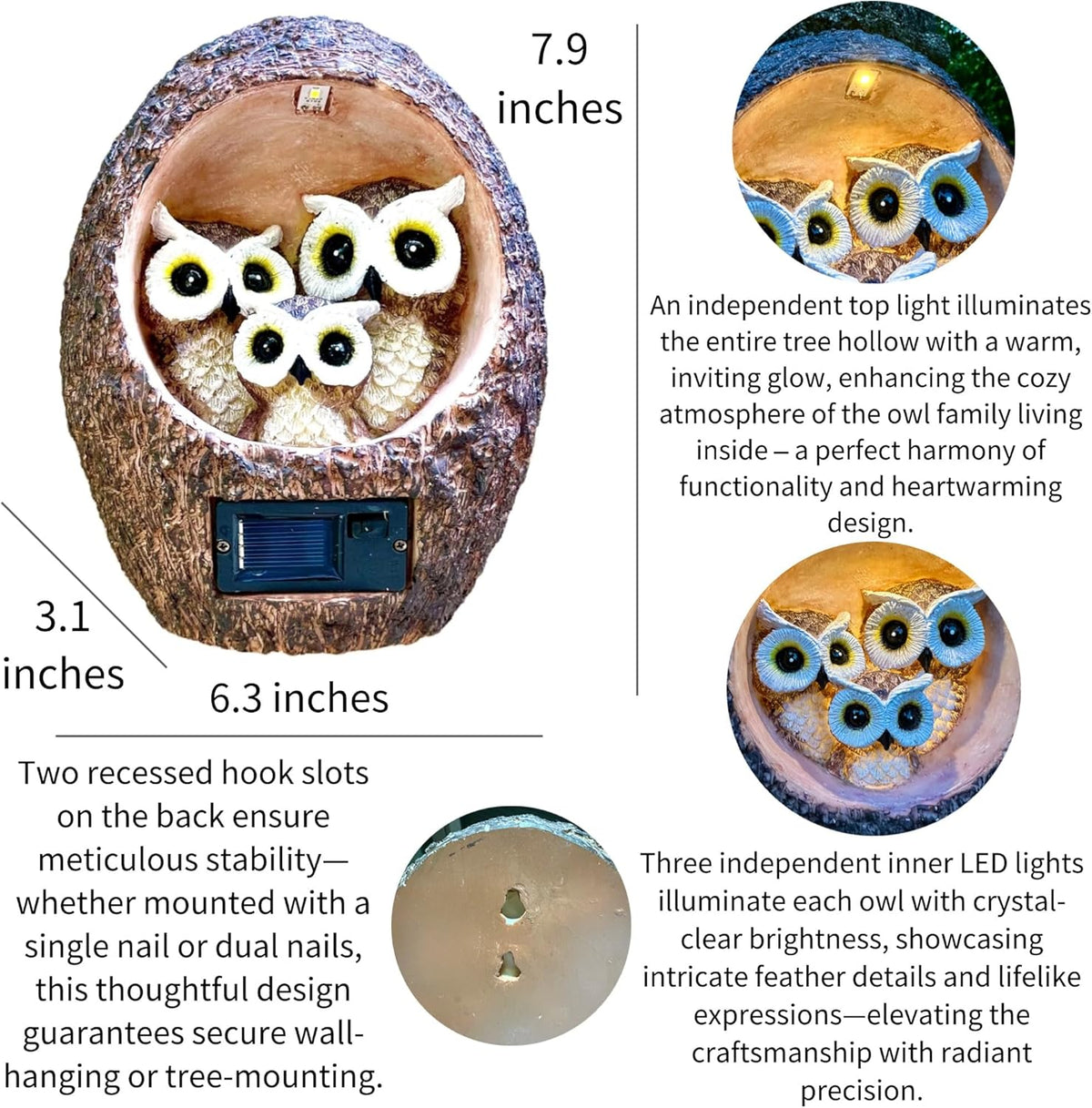 Garden Owl Family Tree Hugger Statue Solar Powered Outdoor Wall Mounted Figurine Light Resin