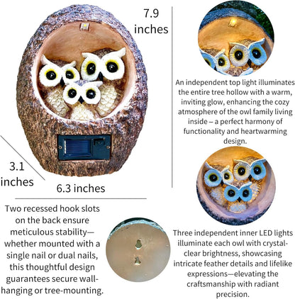 Garden Owl Family Tree Hugger Statue Solar Powered Outdoor Wall Mounted Figurine Light Resin
