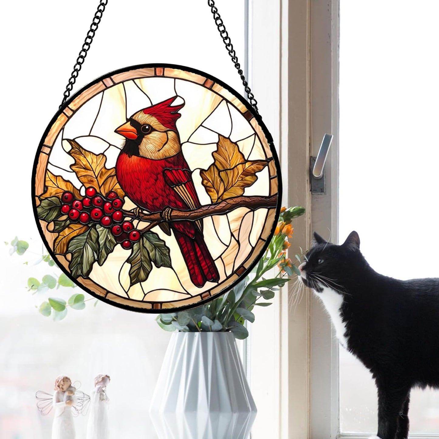 Stained Glass Window Hanging, Birds on a Branch Cardinal Sun Catchers Diamond Glass Panel Hangings