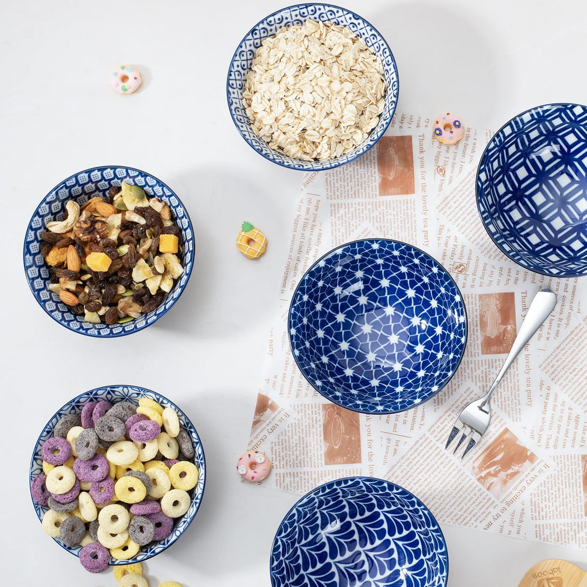 Blue and White Ceramic Bowls Set of 6, 4.7in Small Dessert bowl 10 oz for ice cream, Snack