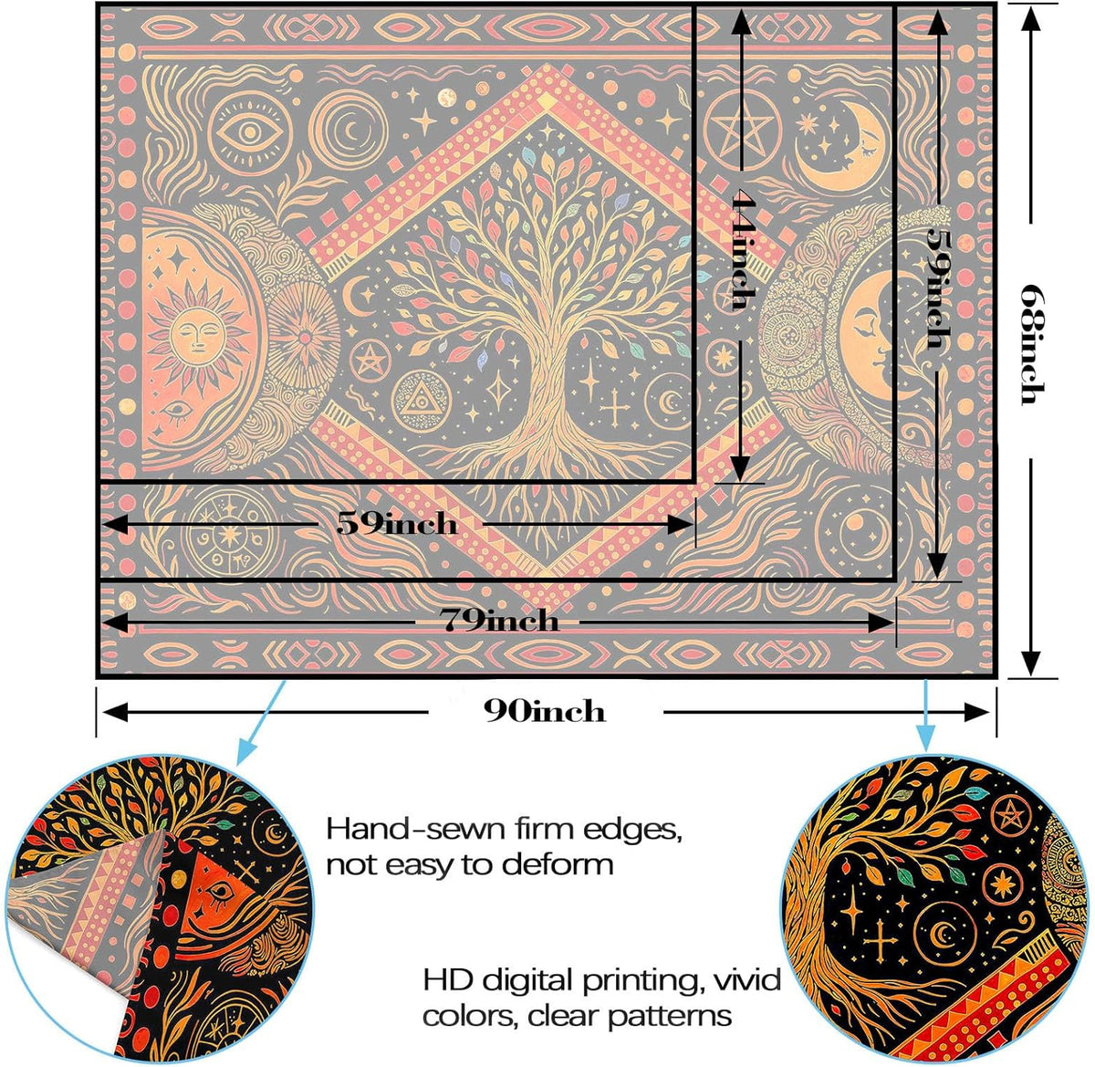 Lunerfex Tree of Life Sun Moon Stars Wall Tapestry, Cosmic Harmony Symbol Tapestries for Home