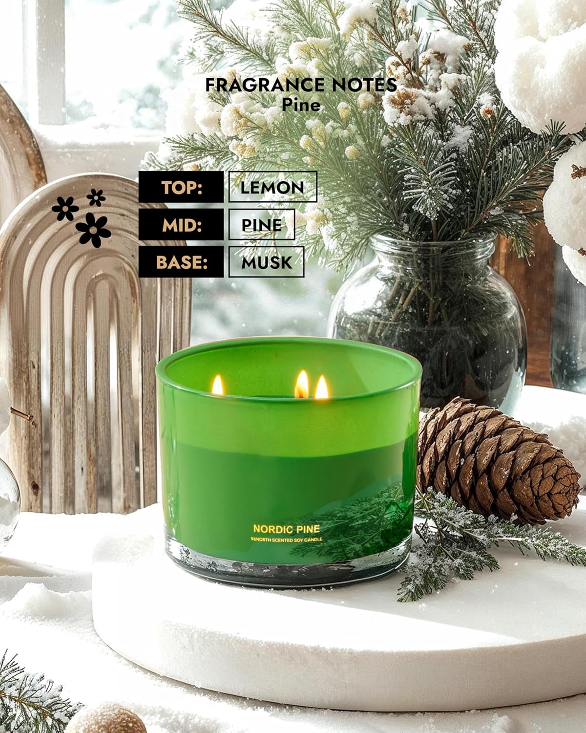 96NORTH Luxury Pine Soy Candle | Large 3 Wick Jar Candle | Up to 40 Hours Burning Time | 100%