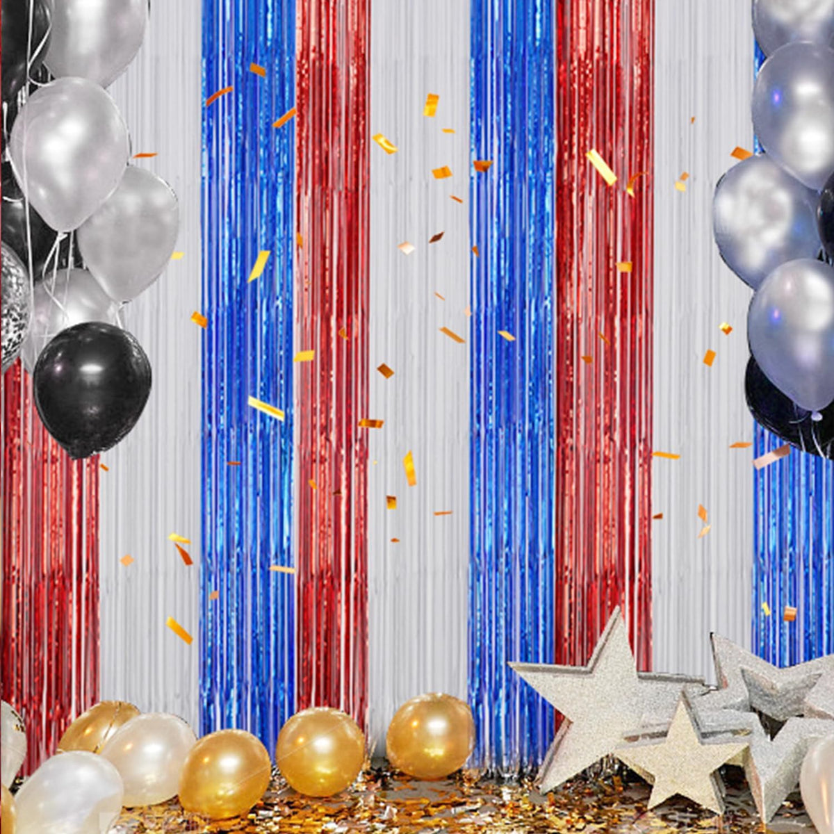 3 Pack Foil Fringe Backdrop - Red&White&Blue Shiny Tinsel Curtains for Party Decoration/Photo Booth