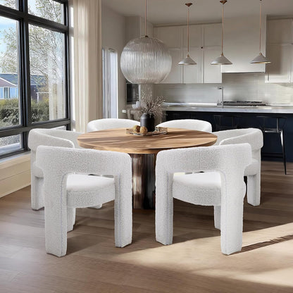 White Boucle Dining Chairs Set of 6, Modern Barrel Dining Room Chairs Upholstered Faux Fur Accent