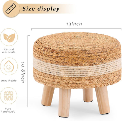 Handwoven Round Ottoman, Natural Water Hyacinth Outdoor Patio Pouf Seagrass Low Stool with Wood