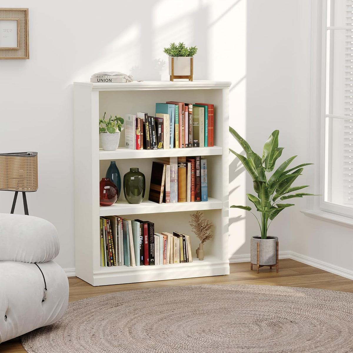 43 in Tall Bookcase, 3-Tier Bookshelf Open Storage, 33 inch Wide Floor Standing Indoor Furniture