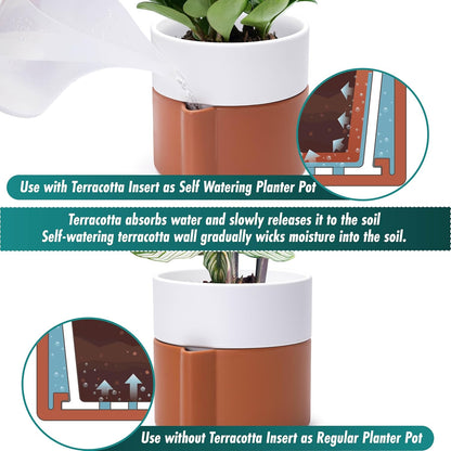 6.5 Inch Self-Watering Planter Pot with Terracotta Insert, Deep Water Reservoir, and Ceramic-Alike