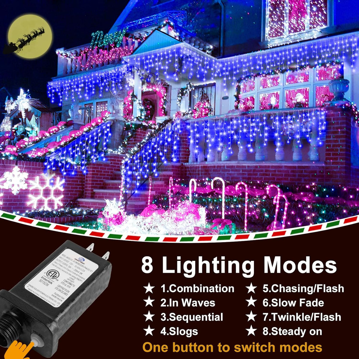 KNONEW Christmas Lights Outdoor Decorations 400 LED 33ft 8 Modes Curtain String Light with 75