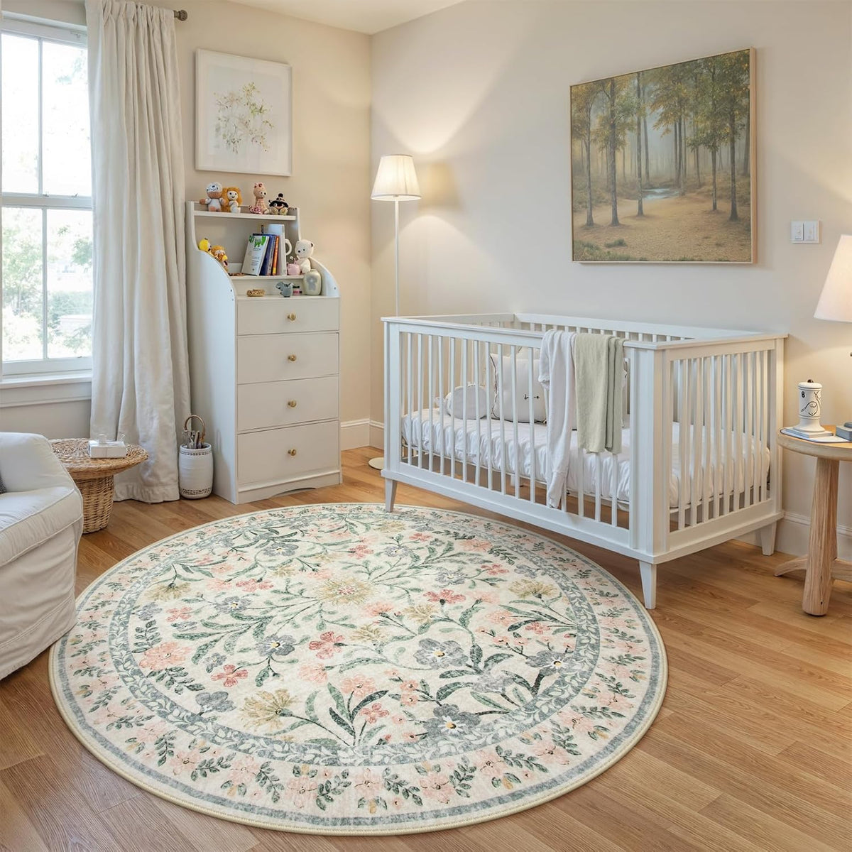 Wonnitar Floral Round Rugs 6ft, Boho Large Machine Washable Circle Rug, Low Pile Soft Flower