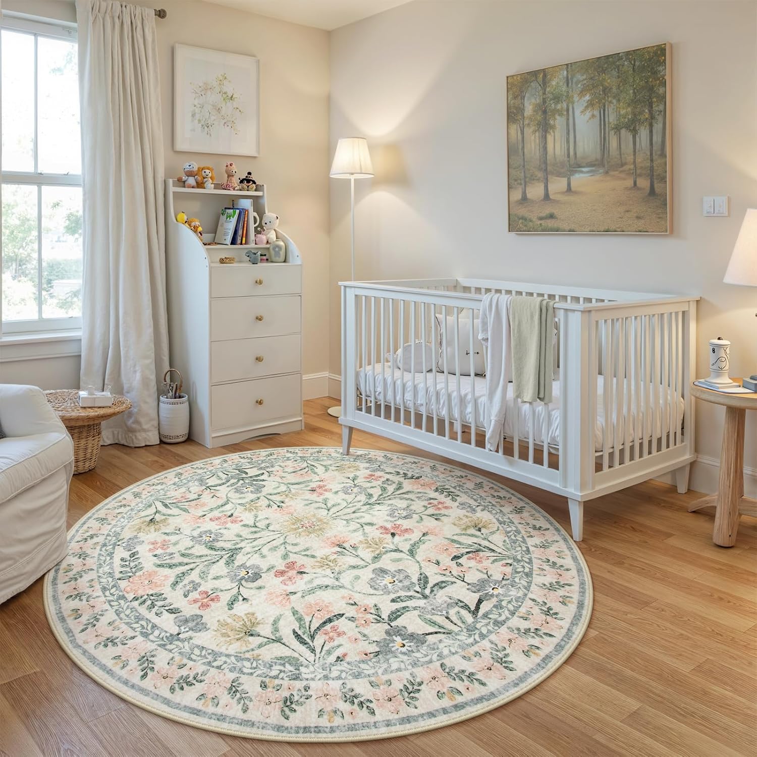 Wonnitar Floral Round Rugs 6ft, Boho Large Machine Washable Circle Rug, Low Pile Soft Flower