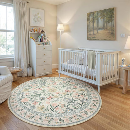 Wonnitar Floral Round Rugs 6ft, Boho Large Machine Washable Circle Rug, Low Pile Soft Flower