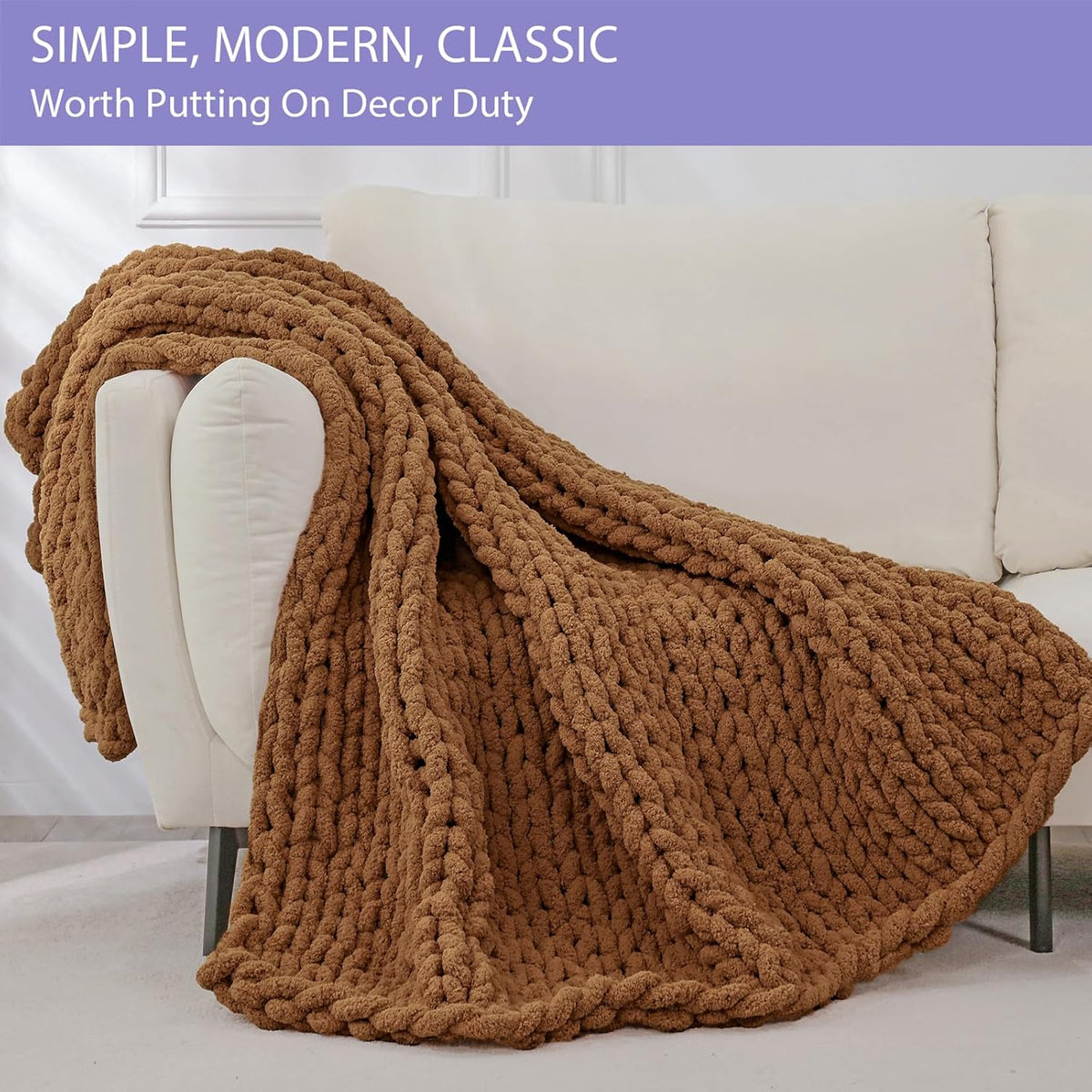 Bigacogo Chunky Knit Throw Blanket for Couch, 40x80 inches, 100% Hand Knitted with Thick Jumbo