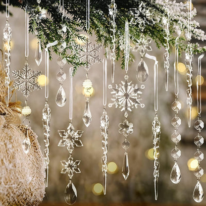 18pcs Christmas Tree Decoration Crystal Ornaments - Hanging Acrylic Christmas Snowflake Icicle Drop