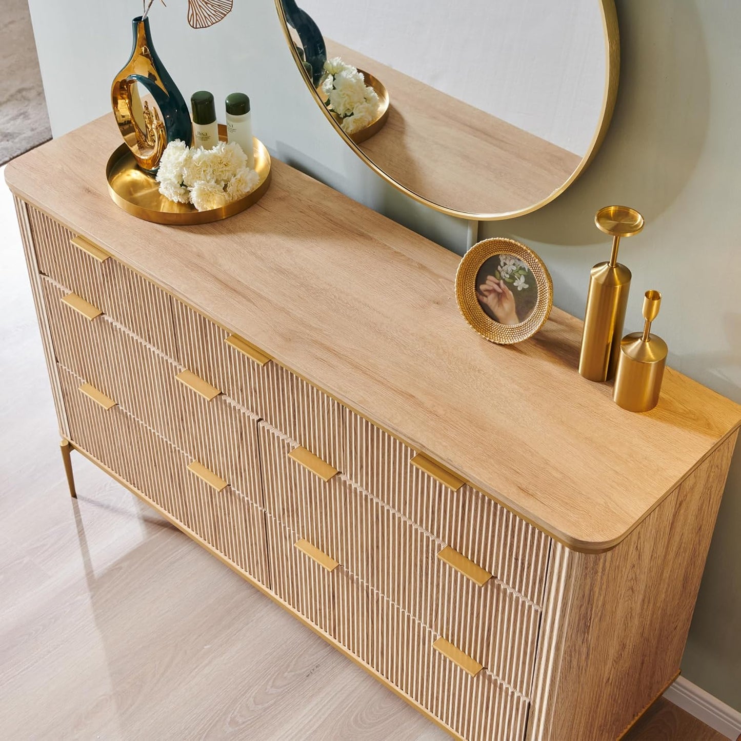 T4TREAM Fluted 7 Drawers Dresser for Bedroom, 54" Wide Modern Dresser TV Stand, Gold Accents