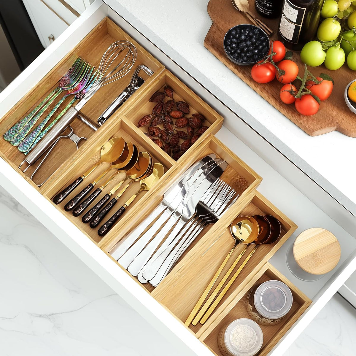 Bamboo Drawer Organizer Set, 5 PCS Multi-Use Individual Wood Storage Organizers, Junk Drawer