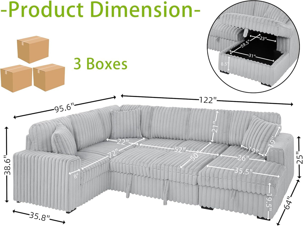 THSUPER 122-Inch Oversized U Shaped Plush Corduroy Fluffy Sectional Sleeper Sofa with Pull Out Bed
