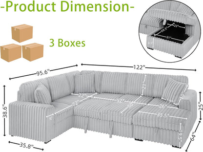 THSUPER 122-Inch Oversized U Shaped Plush Corduroy Fluffy Sectional Sleeper Sofa with Pull Out Bed