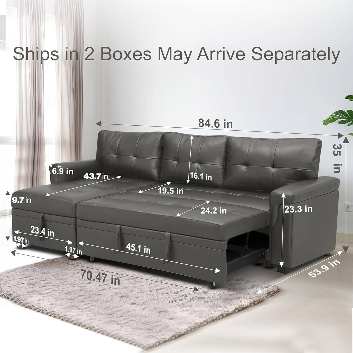 Naomi Home Modern Sectional Sofa with Storage Chaise Gray/Air Leather