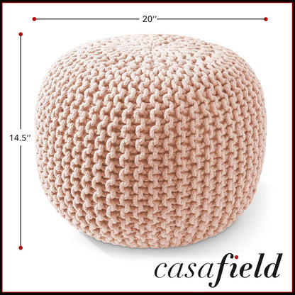 Casafield Round Pouf Ottoman, Light Pink - 20" Diameter x 14.5" High Cotton Knit Foot Stool - Boho