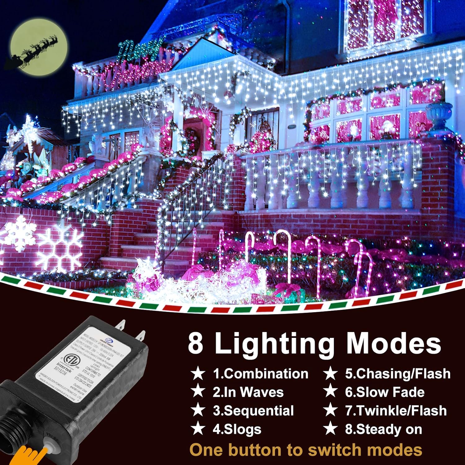 KNONEW Christmas Lights Outdoor Decorations 400 LED 33ft 8 Modes Curtain Fairy String Light with 75