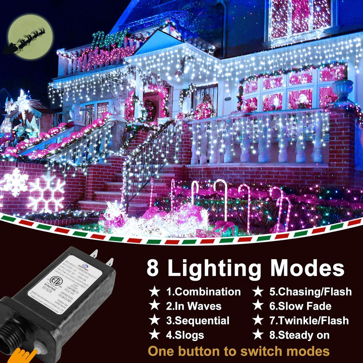 KNONEW 99FT 1216 LED Christmas Lights Outdoor Decorations 8 Modes White Curtain String Light with