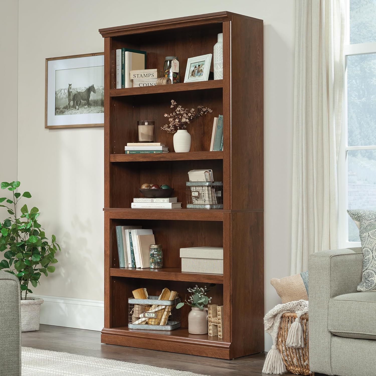 Sauder Miscellaneous Storage 5 Split Bookcase/Book Shelf, L: 35.28" x W: 13.23" x H: 69.76", Oiled