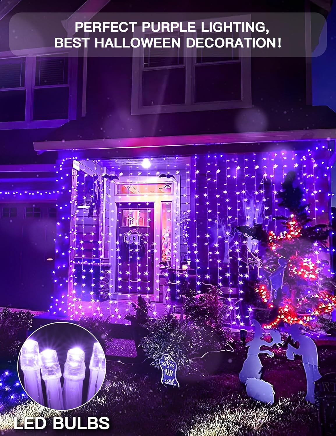 suddus Purple Curtain Lights for Halloween, 200 LED Hanging String Lights with USB Plug, Curtain