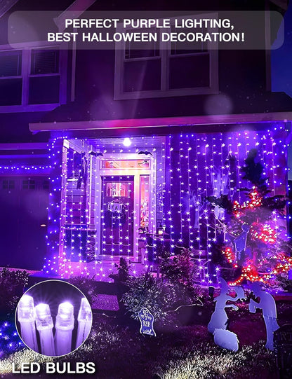suddus Purple Curtain Lights for Halloween, 200 LED Hanging String Lights with USB Plug, Curtain